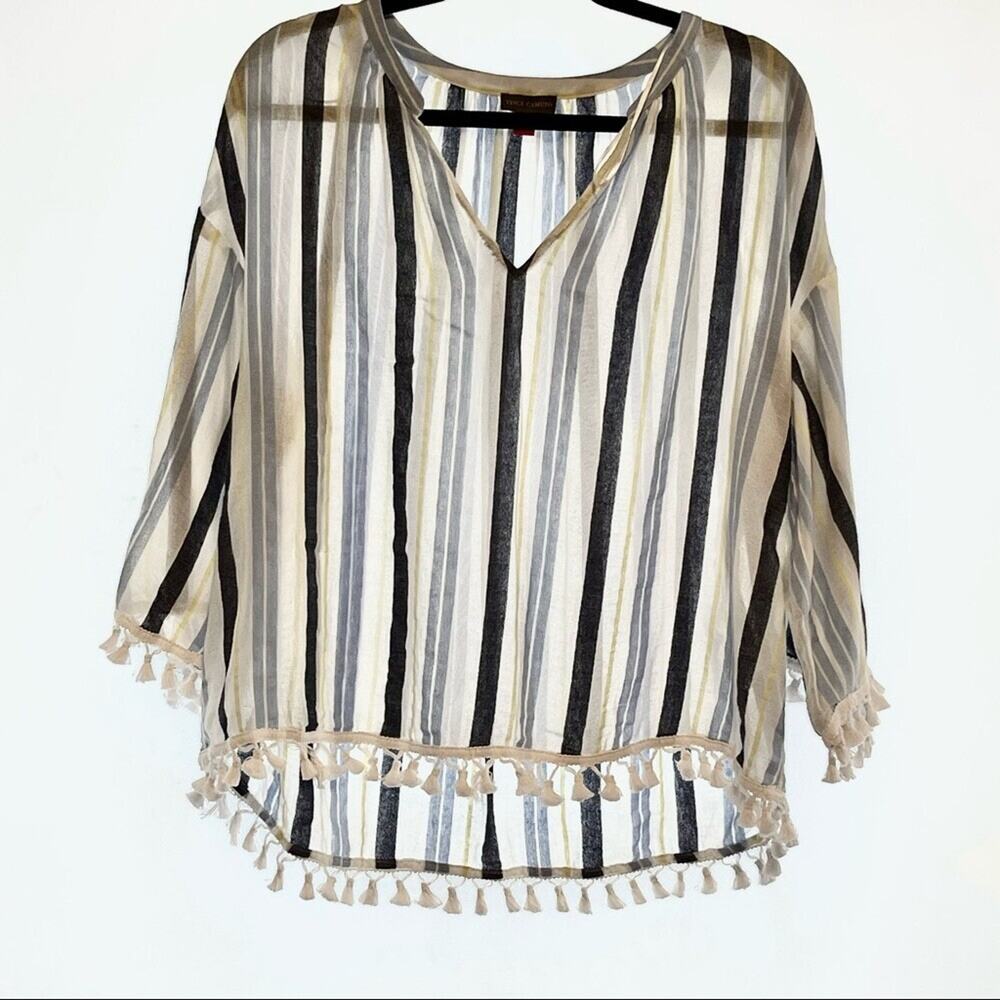 Vince Camuto Striped Tunic Top Sz L White Blue Pom Pom Hem Beach Surfer Coastal - Picture 3 of 11